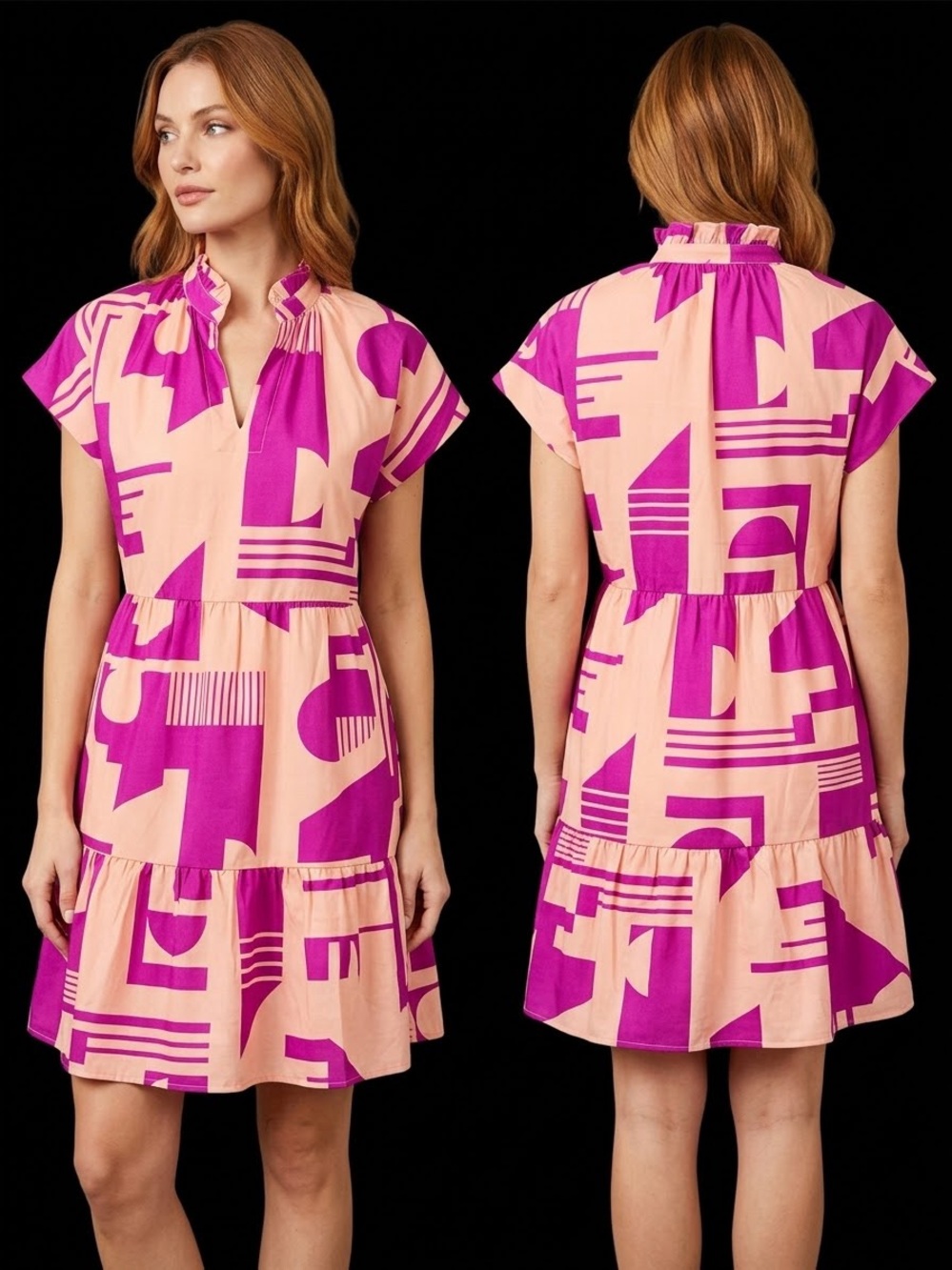 THML Pink & Magenta Geometric Ruffled-Neck Tiered Dress